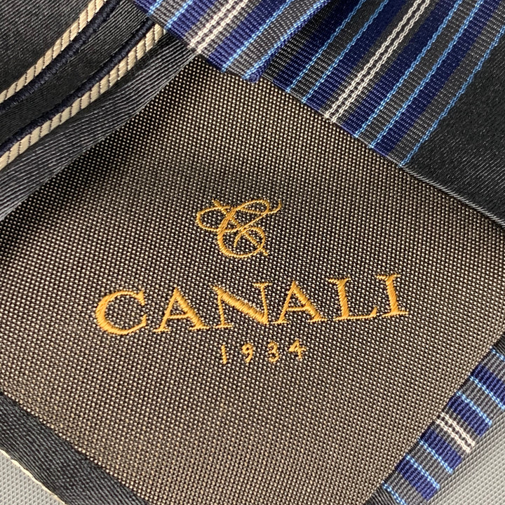 CANALI Grey Blue White Diagonal Stripe Silk Neck Tie