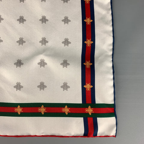 GUCCI White Red Bees Silk Pocket Square