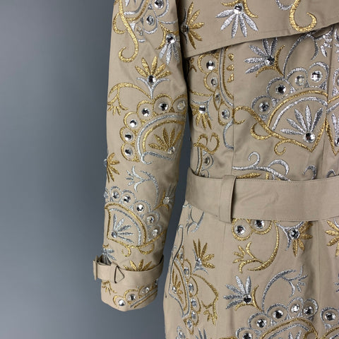 MANOUSH Size 4 Khaki Silver Gold Cotton Embroidered Trench Coat