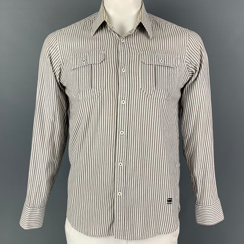 G-STAR Size M White Taupe Stripe Cotton Button Up Long Sleeve Shirt