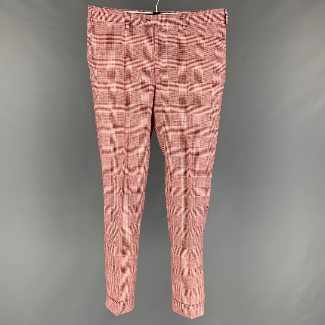 SUIT SUPPLY Talla 34 Pantalones casuales de frente plano de poliéster Glenplaid rojo blanco