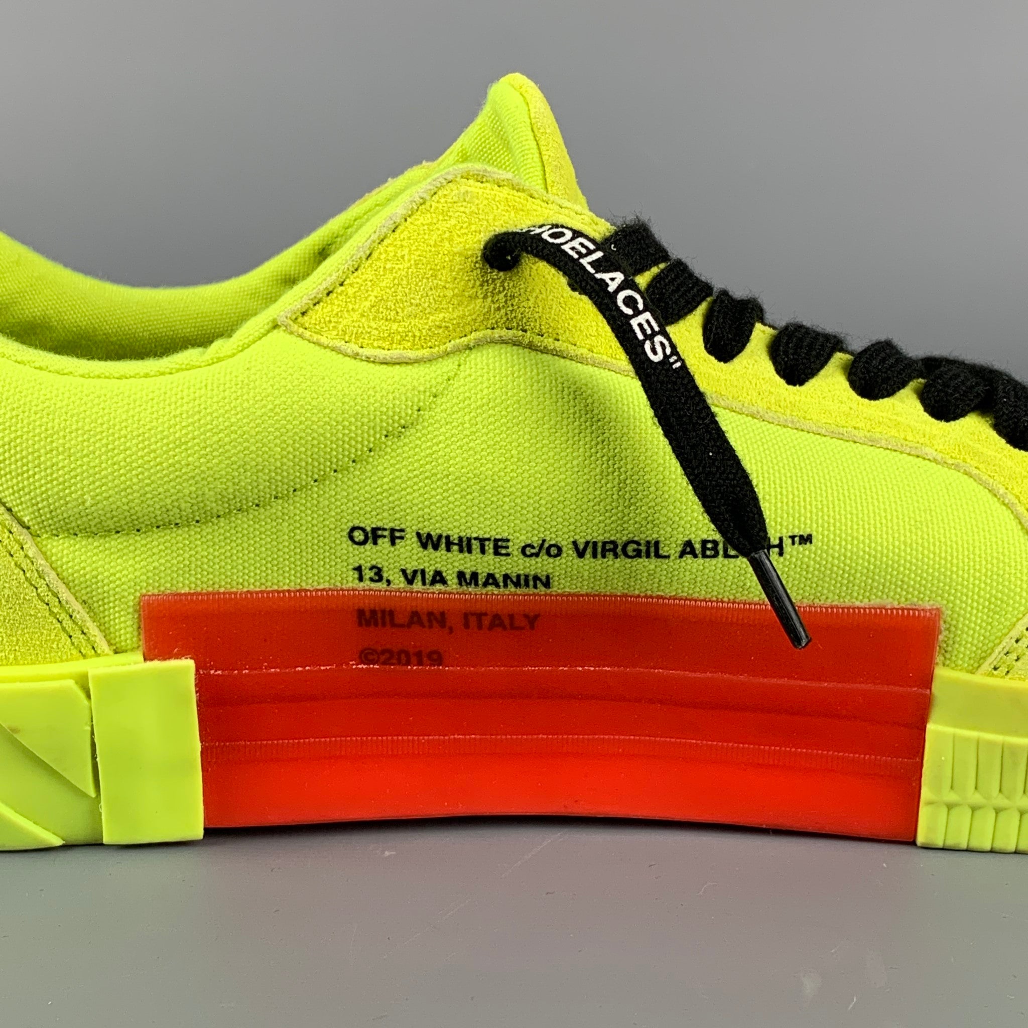 OFF WHITE Size 11 Neon Yellow Canvas Low Vulcanized Fluo Yellow Sneake Sui Generis Designer Consignment