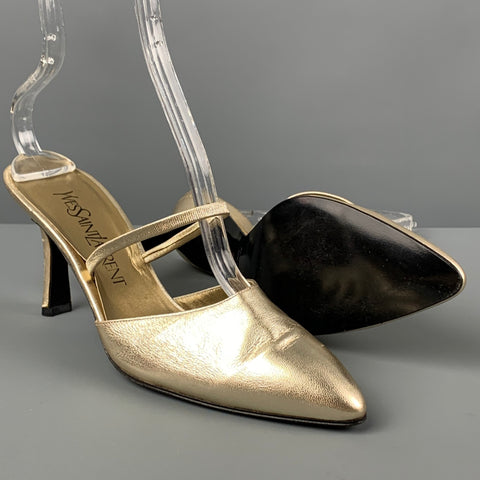 Vintage YVES SAINT LAURENT Size 7.5 Gold Leather Open back Sandals