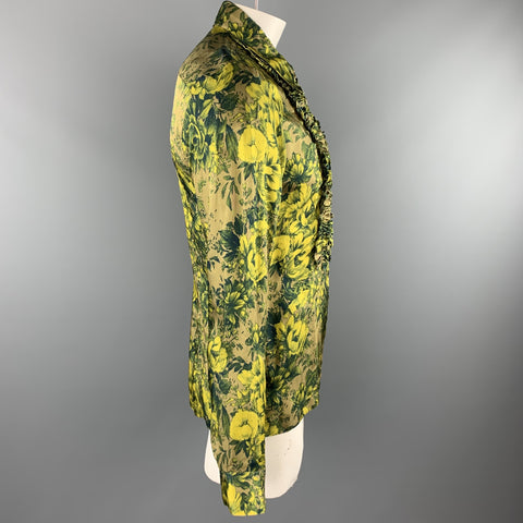 DRIES VAN NOTEN S/S 2020 Size L Green Print Viscose Zip Up Long Sleeve Shirt