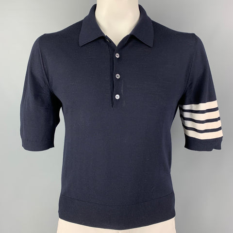 THOM BROWNE Size L Navy White Stripe Wool Buttoned Polo
