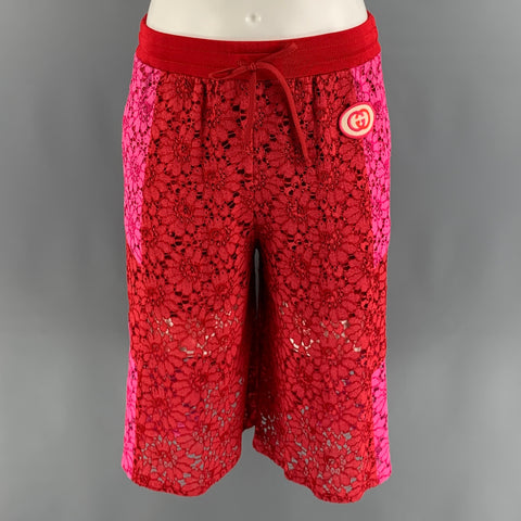 GUCCI Size XS Red Pink Floral Viscose Lace Up Shorts
