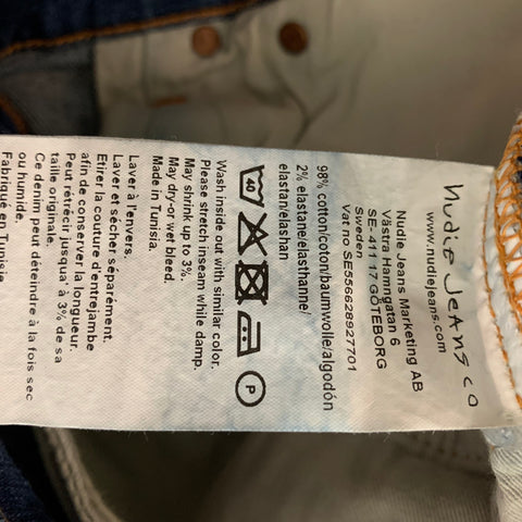 NUDIE JEANS Size 33 Indigo Wash Organic Cotton Slim Jeans