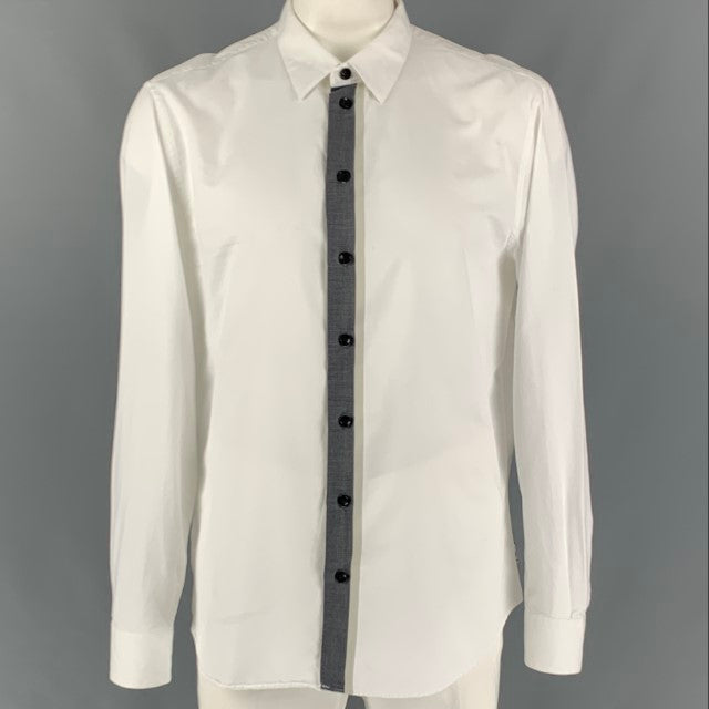 ARMANI COLLEZIONI Size XXL Solid White Grey Cotton Button Up Long Sleeve Shirt
