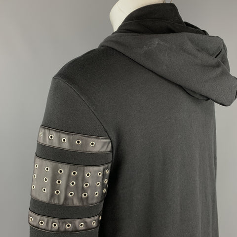 JUST CAVALLI Taille S Veste à capuche en coton noir avec œillets et bordure en cuir