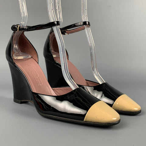JIL SANDER Talla 6.5 Zapatos de tacón de charol con bloques de color negro y nude
