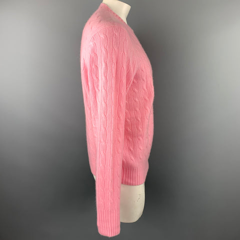 RALPH LAUREN Size L Pink Cable Knit Cashmere Crew-Neck Sweater