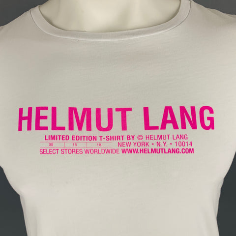 HELMUT LANG Size L White Pink Logo Cotton Crew Neck T-shirt