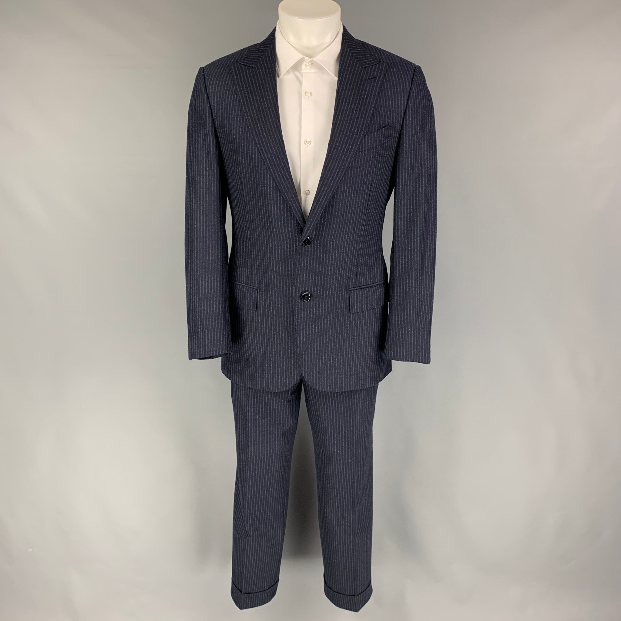 ERMENEGILDO ZEGNA Size 40 Navy Blue Chalkstripe Wool Cashmere Suit