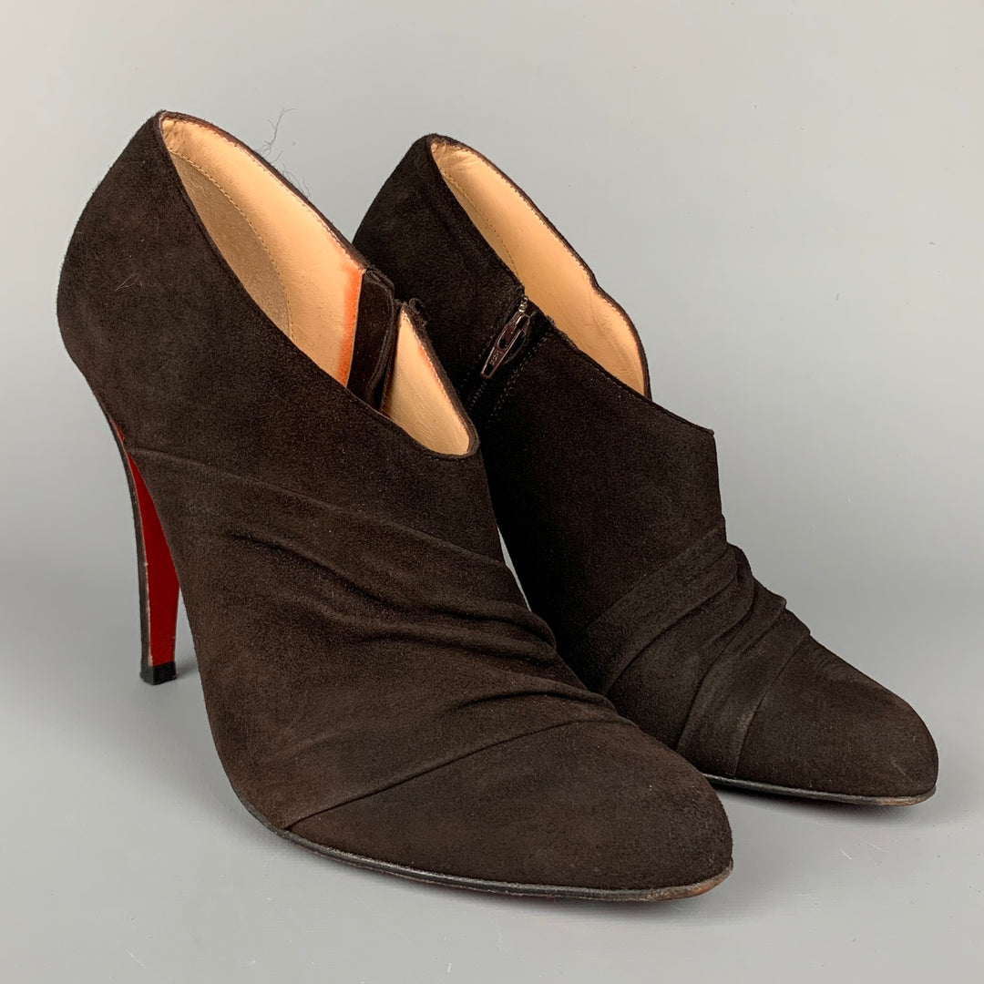 CHRISTIAN LOUBOUTIN Size 7 Dark Brown Suede Ruched Boots