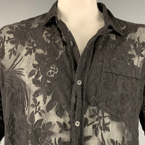 BY WALID Taille L Chemise à manches courtes boutonnée en coton et dentelle noire
