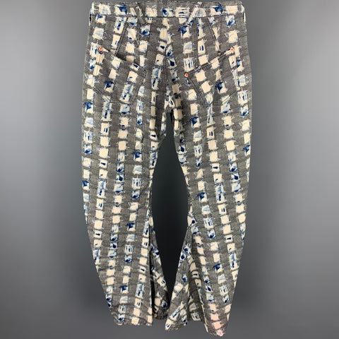 JOHN GALLIANO Size 32 Black & Blue Print Cotton Button Fly Curved Leg Pants