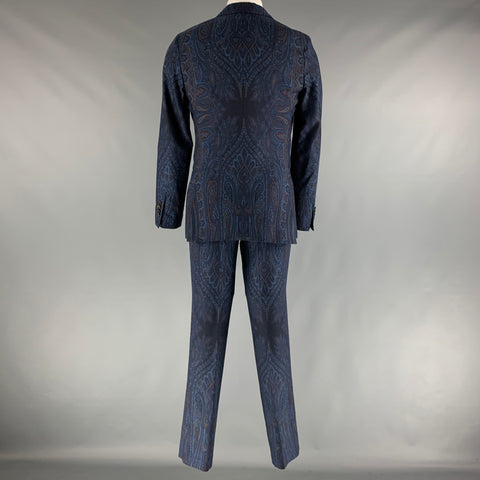 ETRO Chest Size 38 Navy Blue Paisley Wool Notch Lapel 32 31 Suit