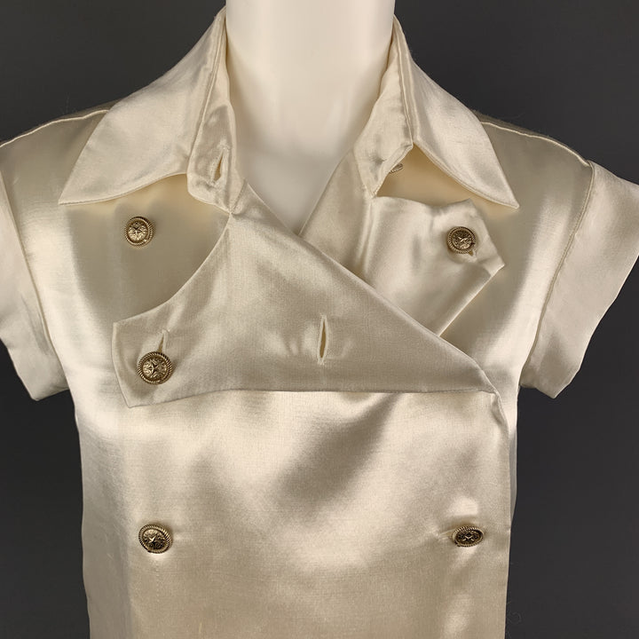 CHANEL Size 4 Cream Satin Double Breasted Military Blouse