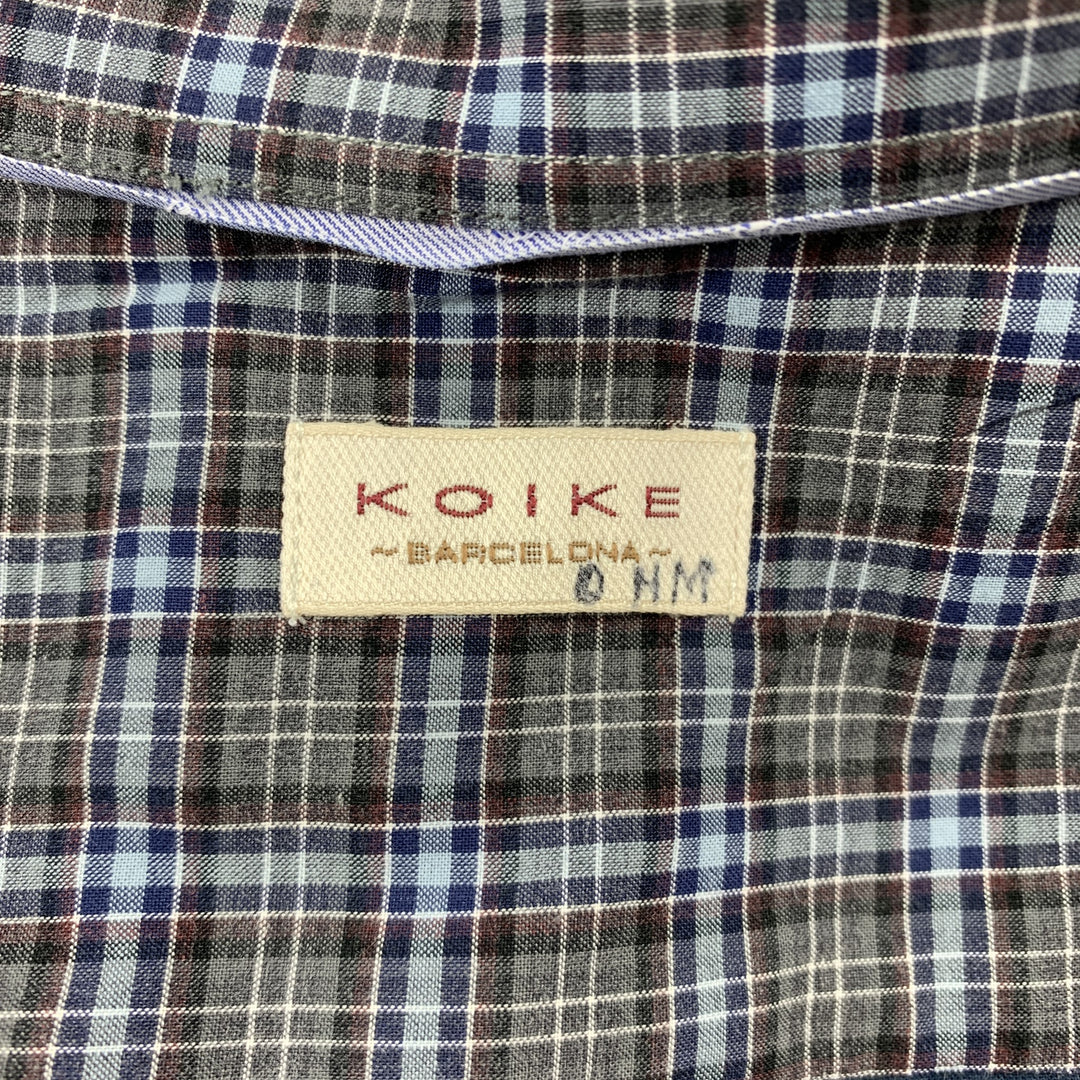 KOIKE Size L Blue & Grey Plaid Cotton Button Up Long Sleeve Shirt