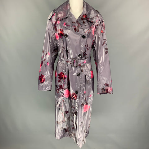 DRIES VAN NOTEN Size XS Grey & Pink Floral Polyurethane Bend Belted Trench Coat