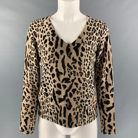 ATM Talla S Jersey con cuello en pico y estampado animal de algodón y cachemira beige y marrón