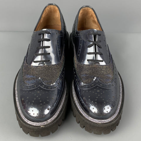PERTINI Size 7 Silver Gold Perforated Patent Leather Wingtip Shoes
