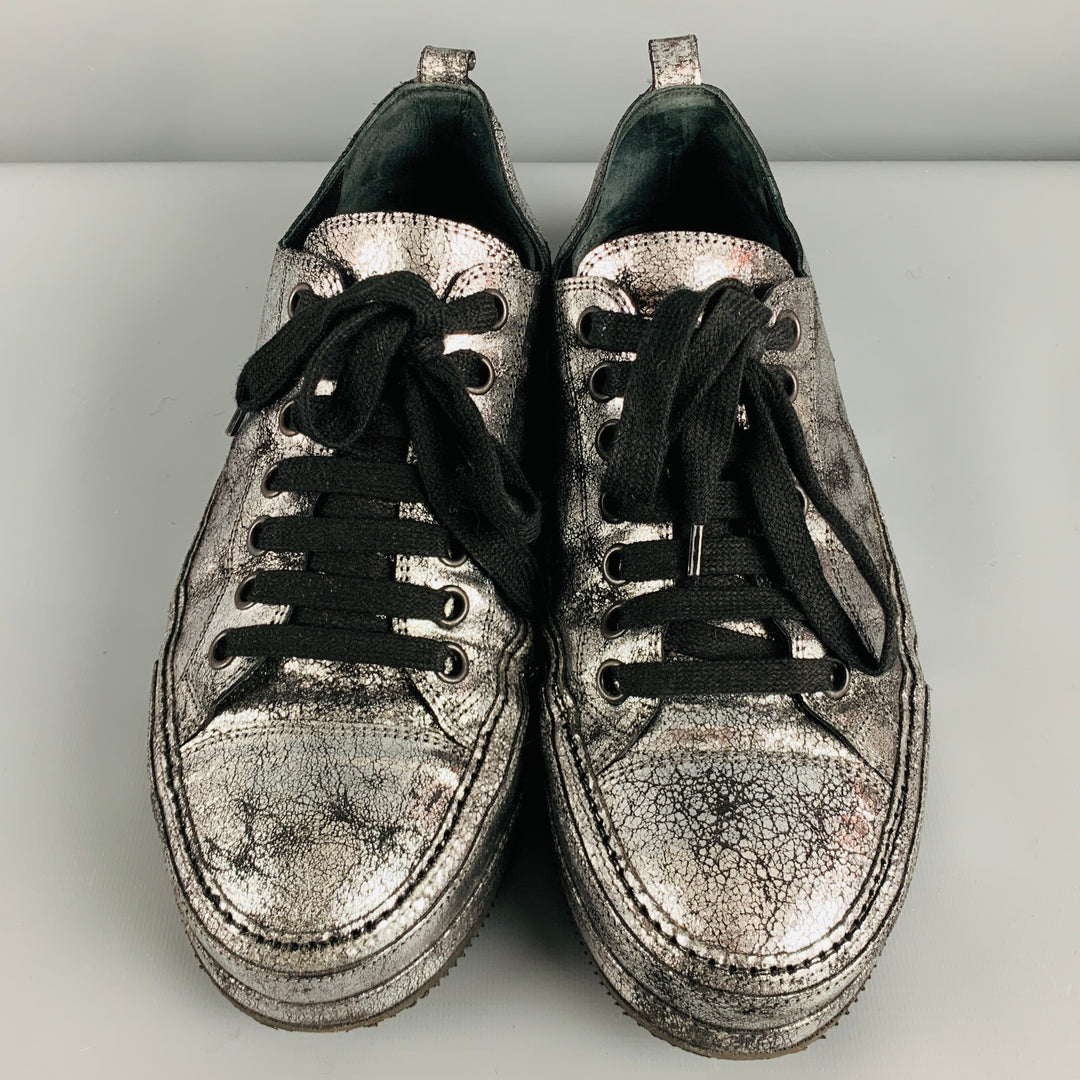 ANN DEMEULEMEESTER Size 9 Silver Black Metallic Leather Lace Up Sneakers