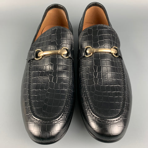 SAKS FIFTH AVENUE Size 12 Black Embossed Leather Slip On Horsebit Loafers