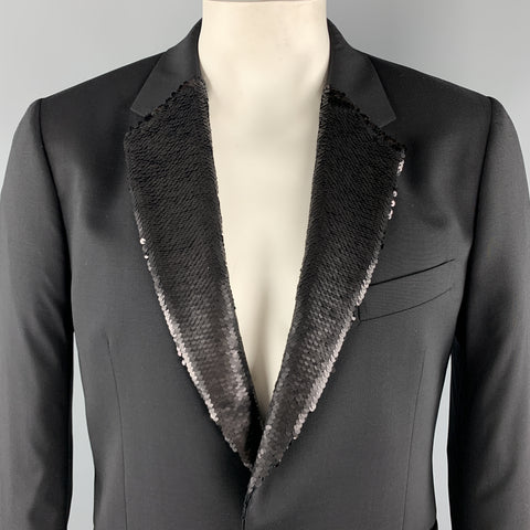 PAUL SMITH Size 44 Black Wool / Elastane Tuxedo Sequined Notch Lapel Sport Coat