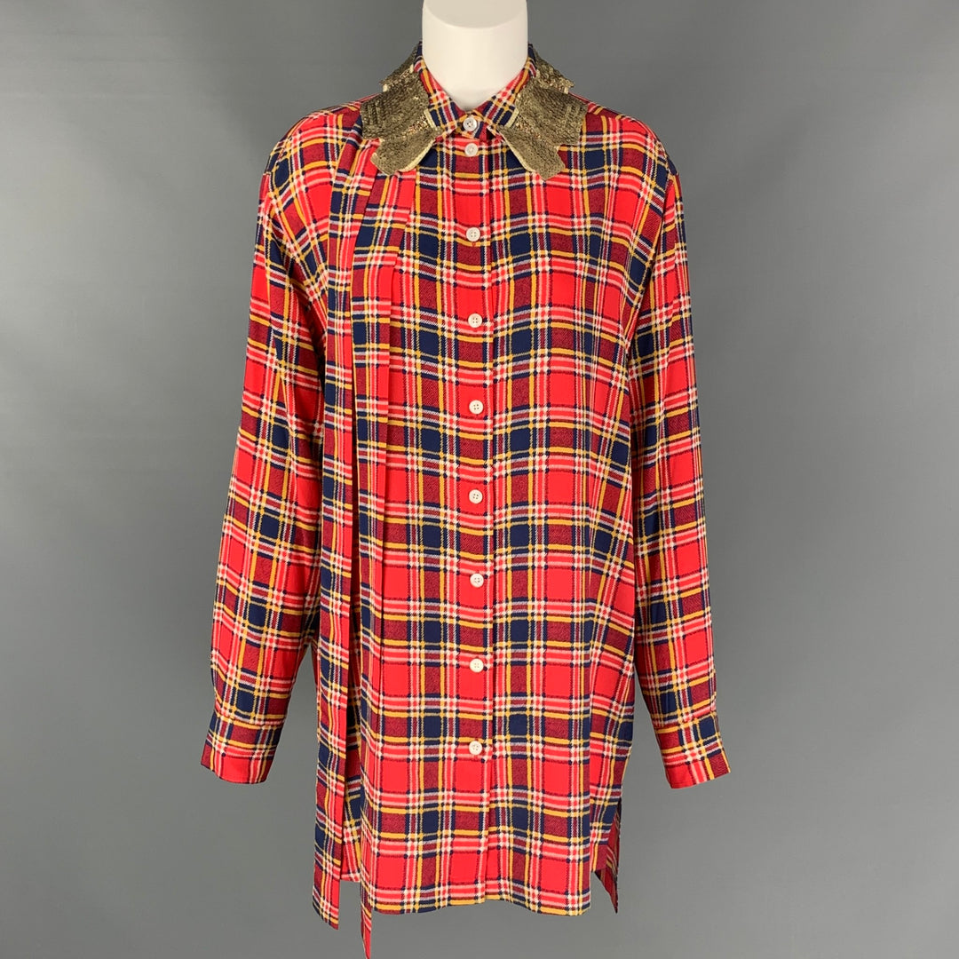 MARC JACOBS Size 4 Red & Blue Silk Plaid Sequin Collar Long Shirt