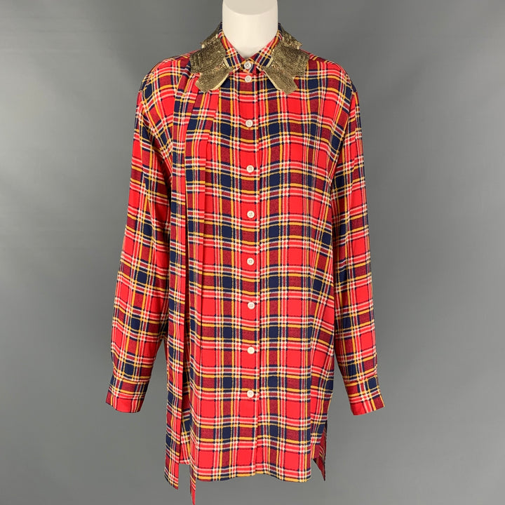 MARC JACOBS Size 4 Red & Blue Silk Plaid Sequin Collar Long Shirt