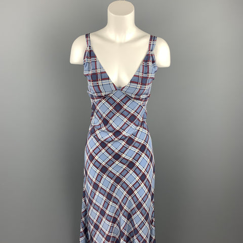 MARC JACOBS Size 8 Blue Plaid Silk Long Maxi Double Strap Dress