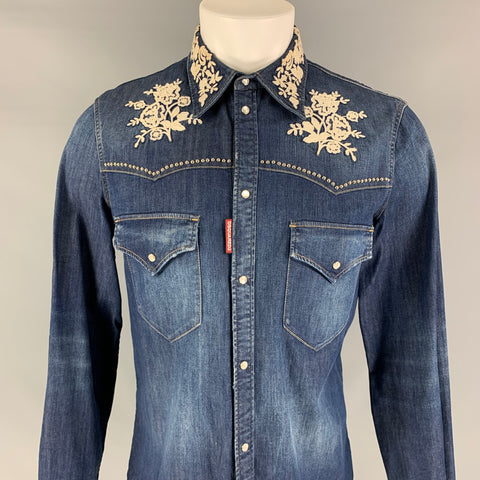 DSQUARED2 Size M Indigo Embroidery Denim Long Sleeve Shirt