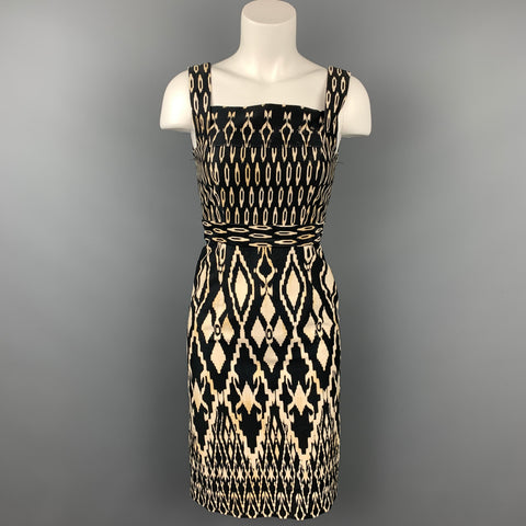 DAVID MEISTER Taille 2 Robe sans manches en coton Ikat noir et beige