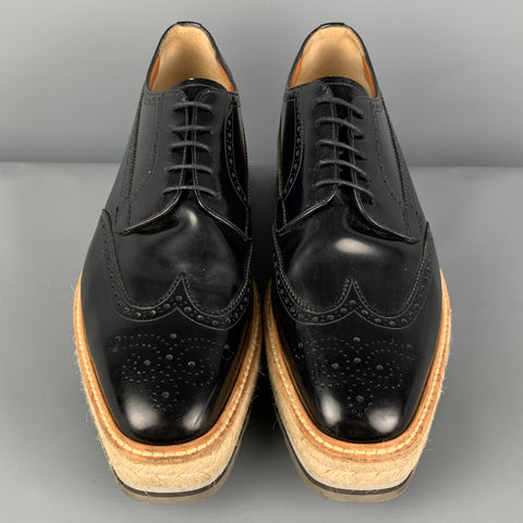 PRADA Size 11.5 Black Perforated Leather Wingtip Lace Up Shoes