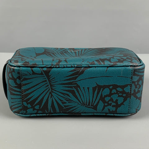SAINT LAURENT Blue Black Leaves Canvas Toiletry Handbag