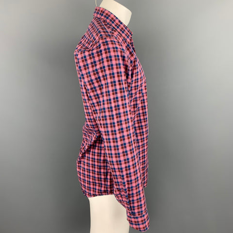 DRIES VAN NOTEN Size M Pink & Navy Plaid Cotton Button Up Long Sleeve Shirt