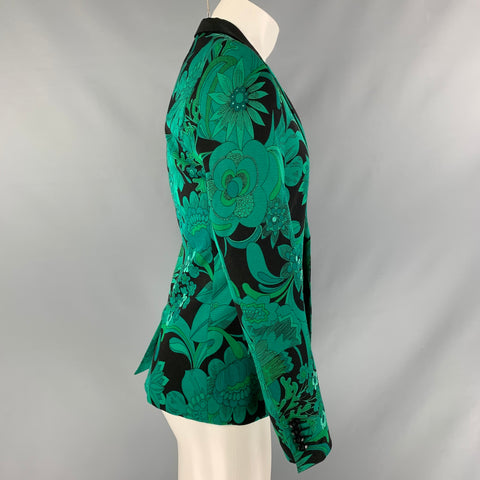 MR TURK Chest Size 36 Green & Black Floral Rayon Blend Notch Lapel Sport Coat