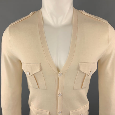 RALPH LAUREN Size S Beige Solid Merino Wool Patch Pockets Cardigan Sweater