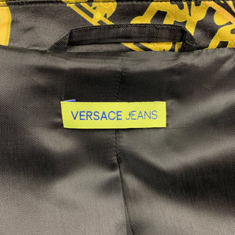 VERSACE JEANS Size 40 Black & Gold Print Polyester Notch Lapel Sport Coat