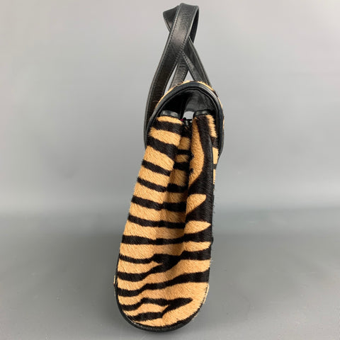 VAUGHN Brown & Beige Zebra Pony Hair Top Handles Handbag