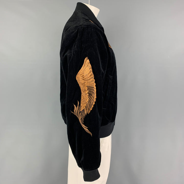 CHRISTIAN DADA FW19 Size 40 Black Copper Feather Embroidery Cotton Velvet Bomber Jacket