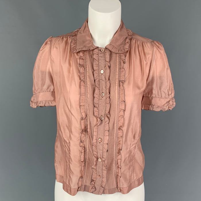 MIU MIU Size 4 Pink Silk Ruffled Short Sleeve Blouse