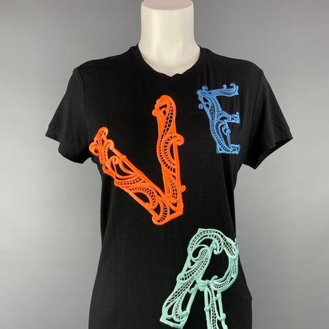 VERSACE Size 8 Black Embroidered Viscose Crew-Neck T-shirt