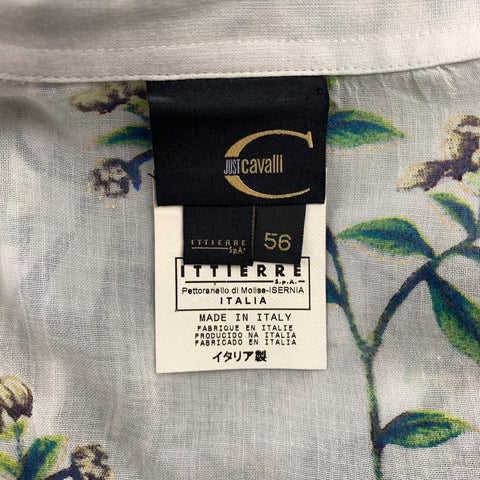 JUST CAVALLI Size XXL White & Green Floral Print Cotton Button Up Long Sleeve Shirt