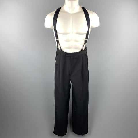 Vintage Size 33 Black Wool Pleated Tuxedo Stripe Braces Trousers