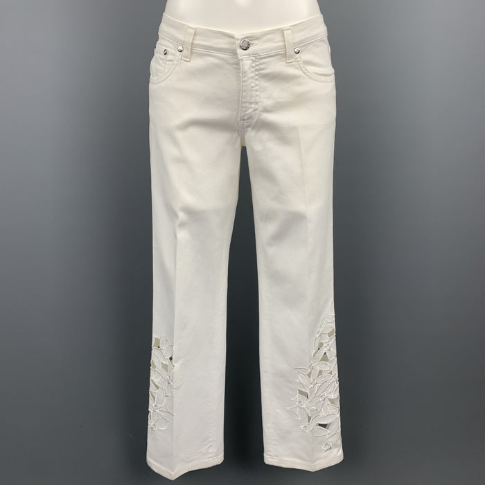 BLUMARINE Size 4 White Denim Embroidered Cut Out Jeans