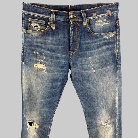 R13 Size 31 Blue Distressed Cotton Contrast Stitch Skate Jeans