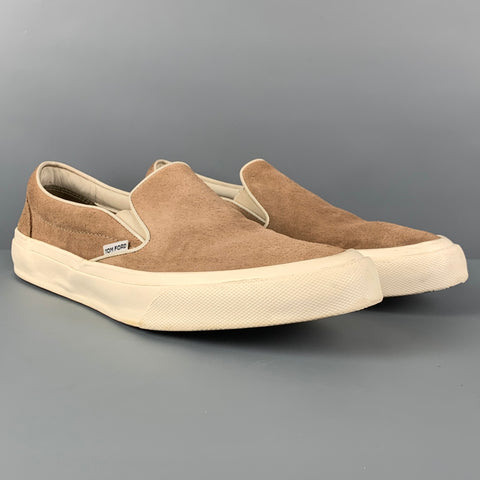 TOM FORD Size 10 Khaki Leather Slip On Sneakers