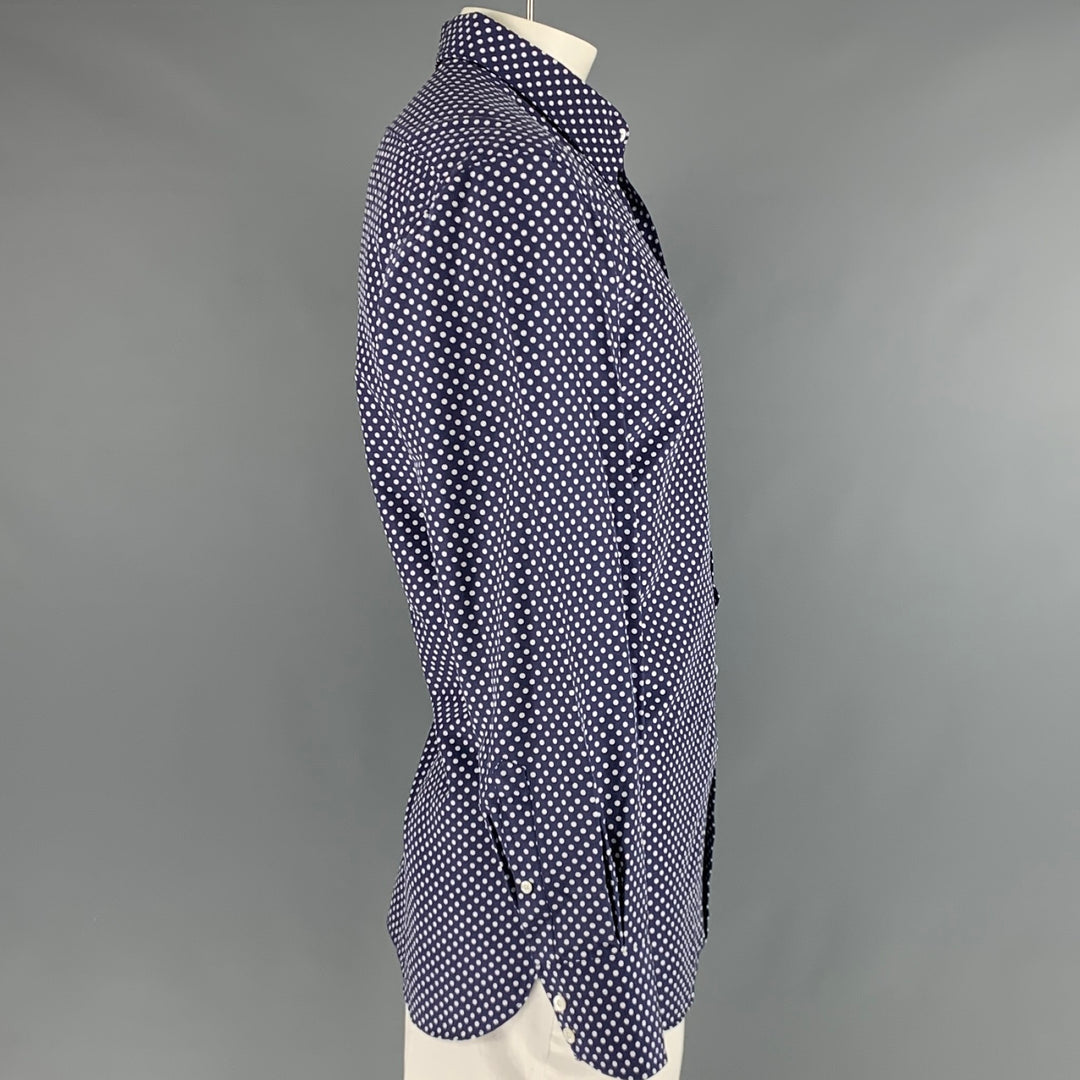 TOM FORD Size L Navy White Polka Dot Cotton Silk Button Up Long Sleeve Shirt
